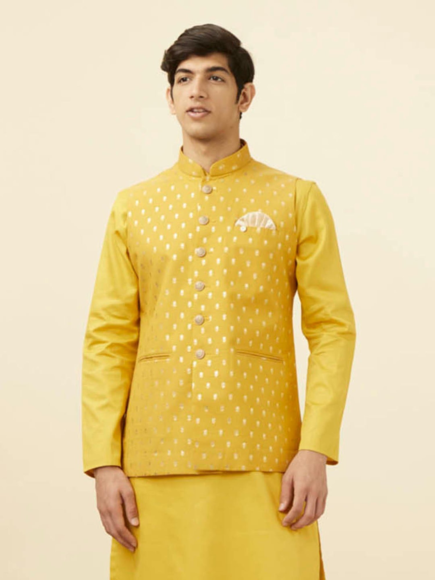 Manyavar Mustard Regular Fit Self Design Nehru Jacket