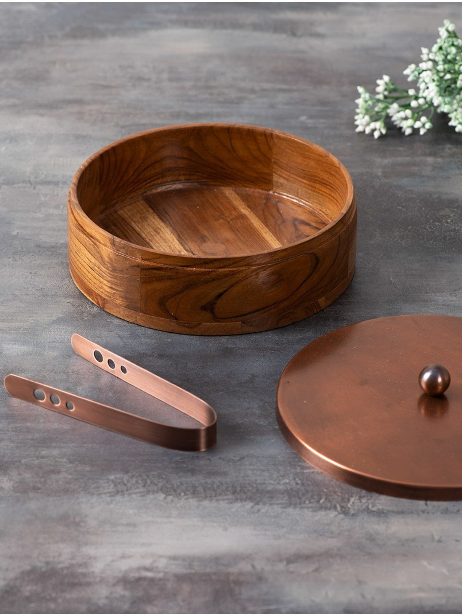 Nestroots Chapati Box Wooden Casserole Box Food Warmer Hotcase Hotpot Roti Box with Copper Tong