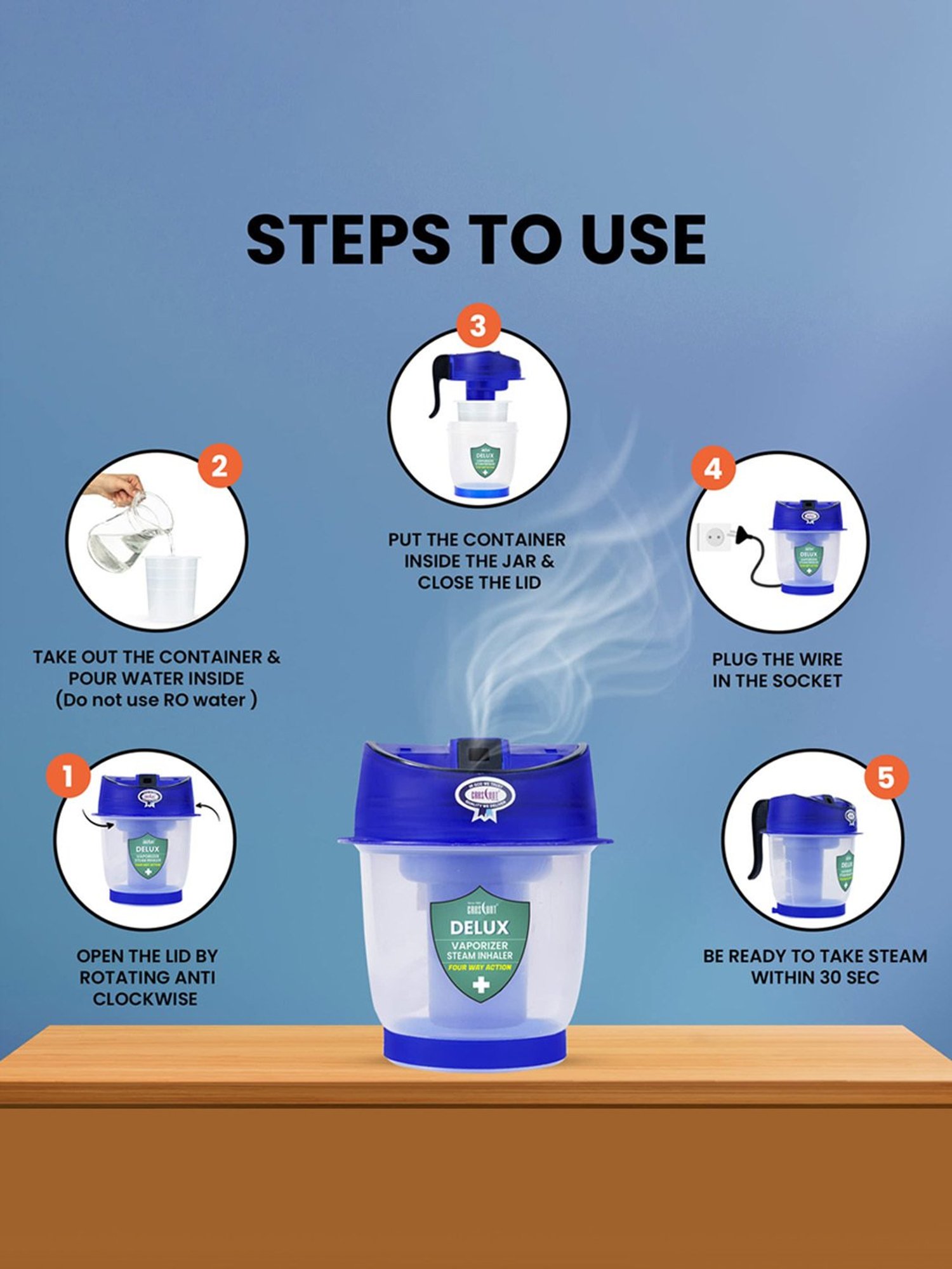 Crescent Delux Facial Steamer Vaporizer for Cold & Cough, Separate Water Storage Container (Blue)