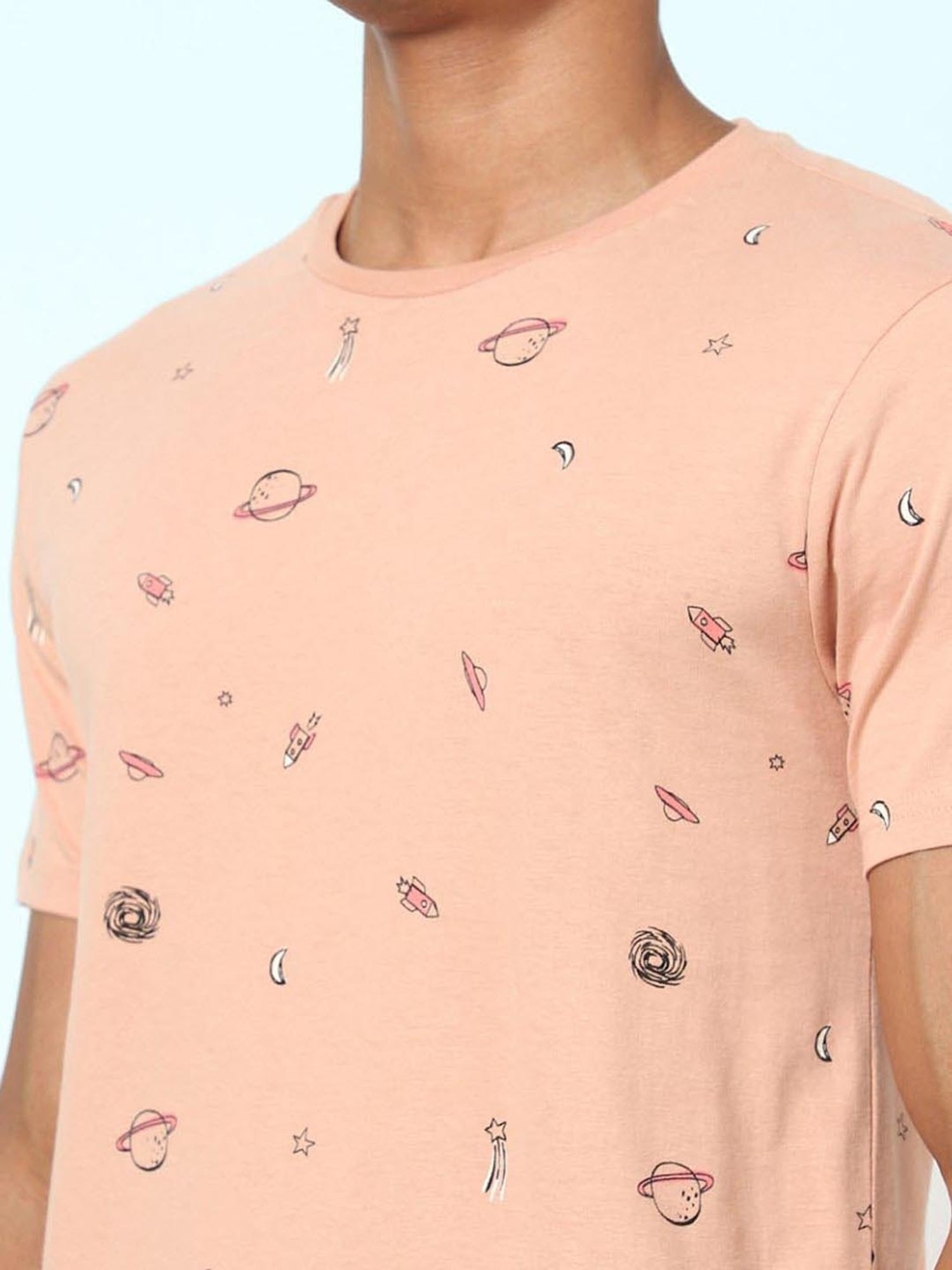Ajile by Pantaloons Peach Cotton Slim Fit Printed Lounge T-Shirt