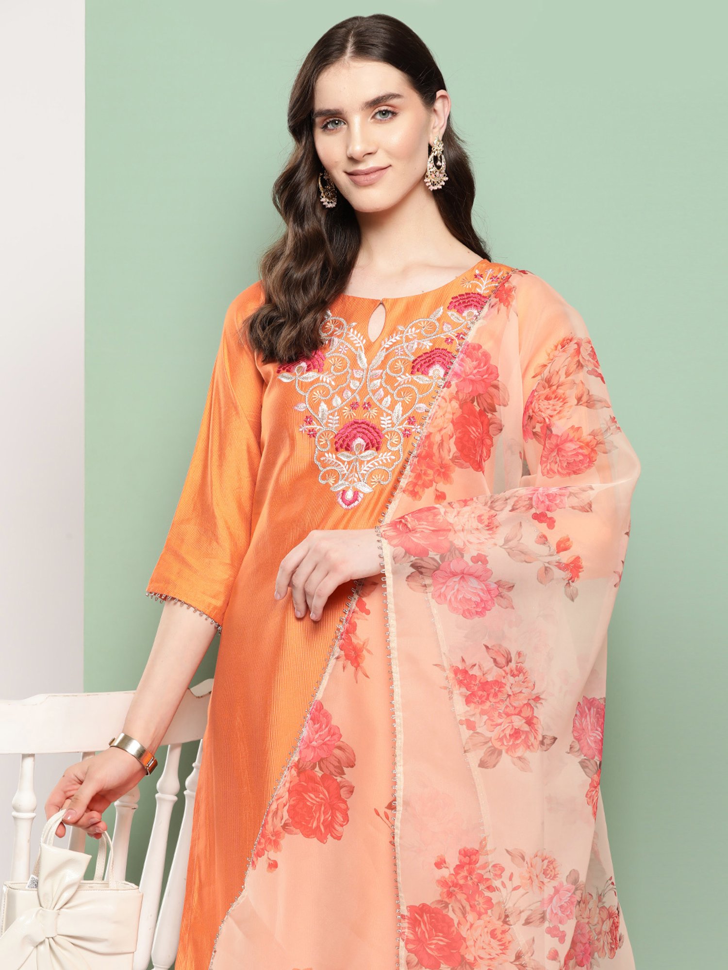 Indo Era Orange Embroidered Kurta With Pant & Dupatta