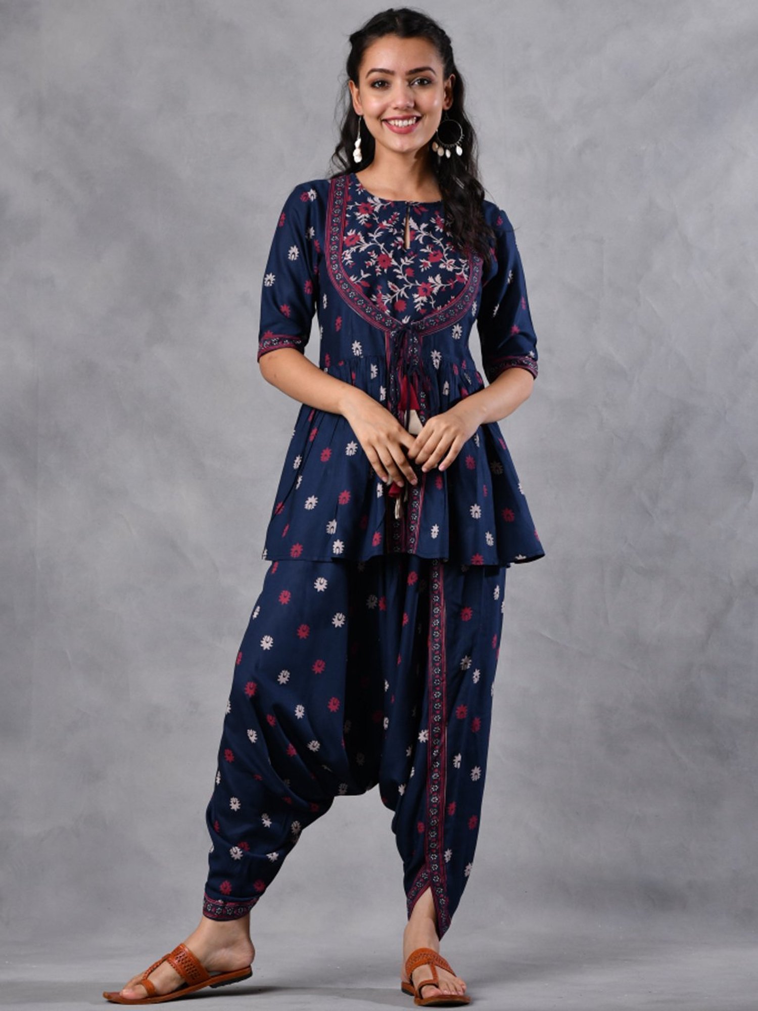 Rustorange Blue Printed Tunic Dhoti Set