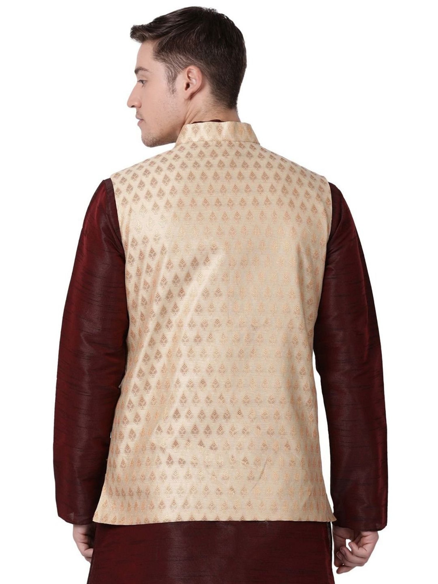 TABARD Beige Regular Self Pattern Nehru Jacket