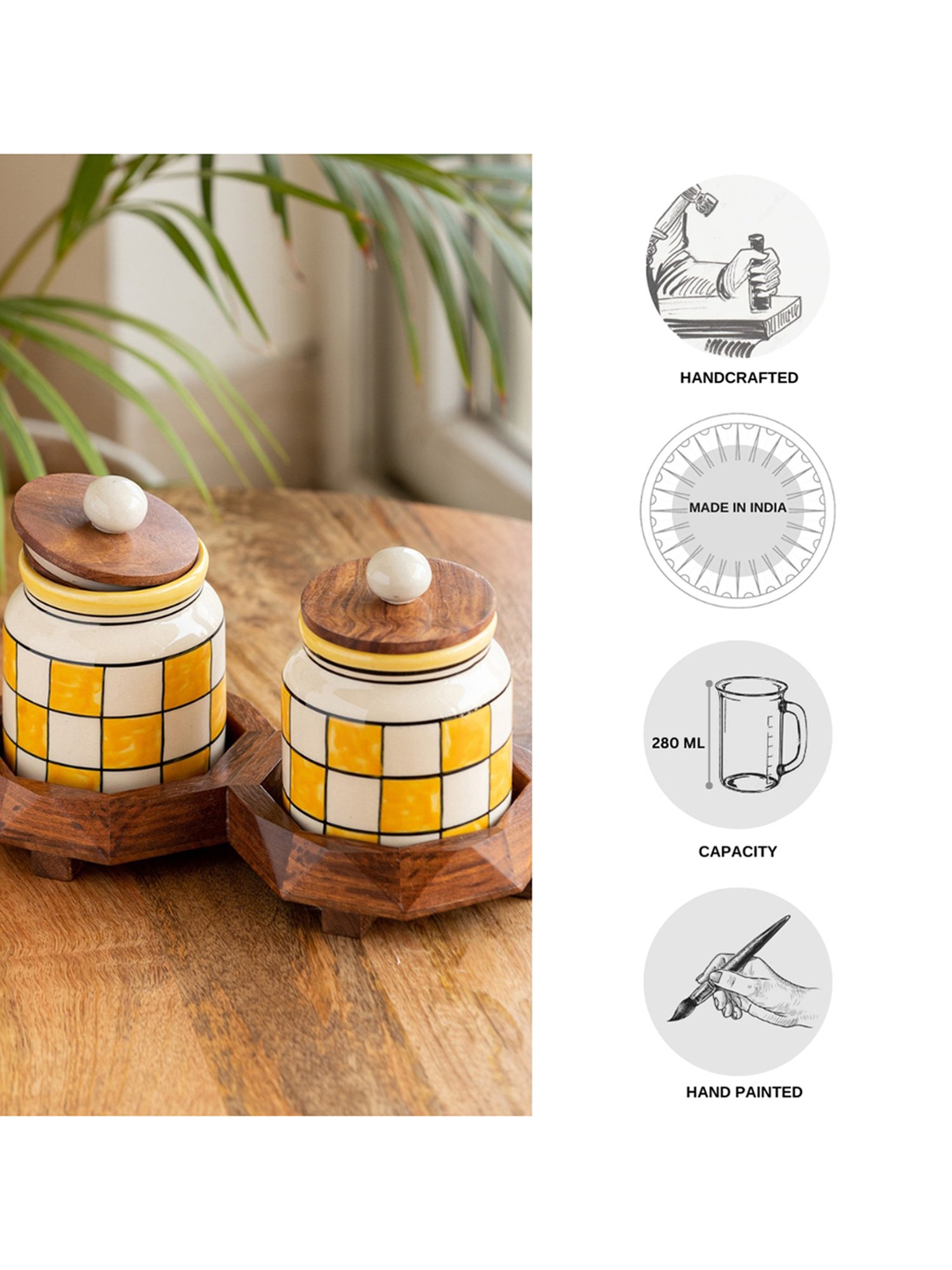 ExclusiveLane Shatranj Yellow & White Ceramic Jars & Containers - Set of 2, 440 ML