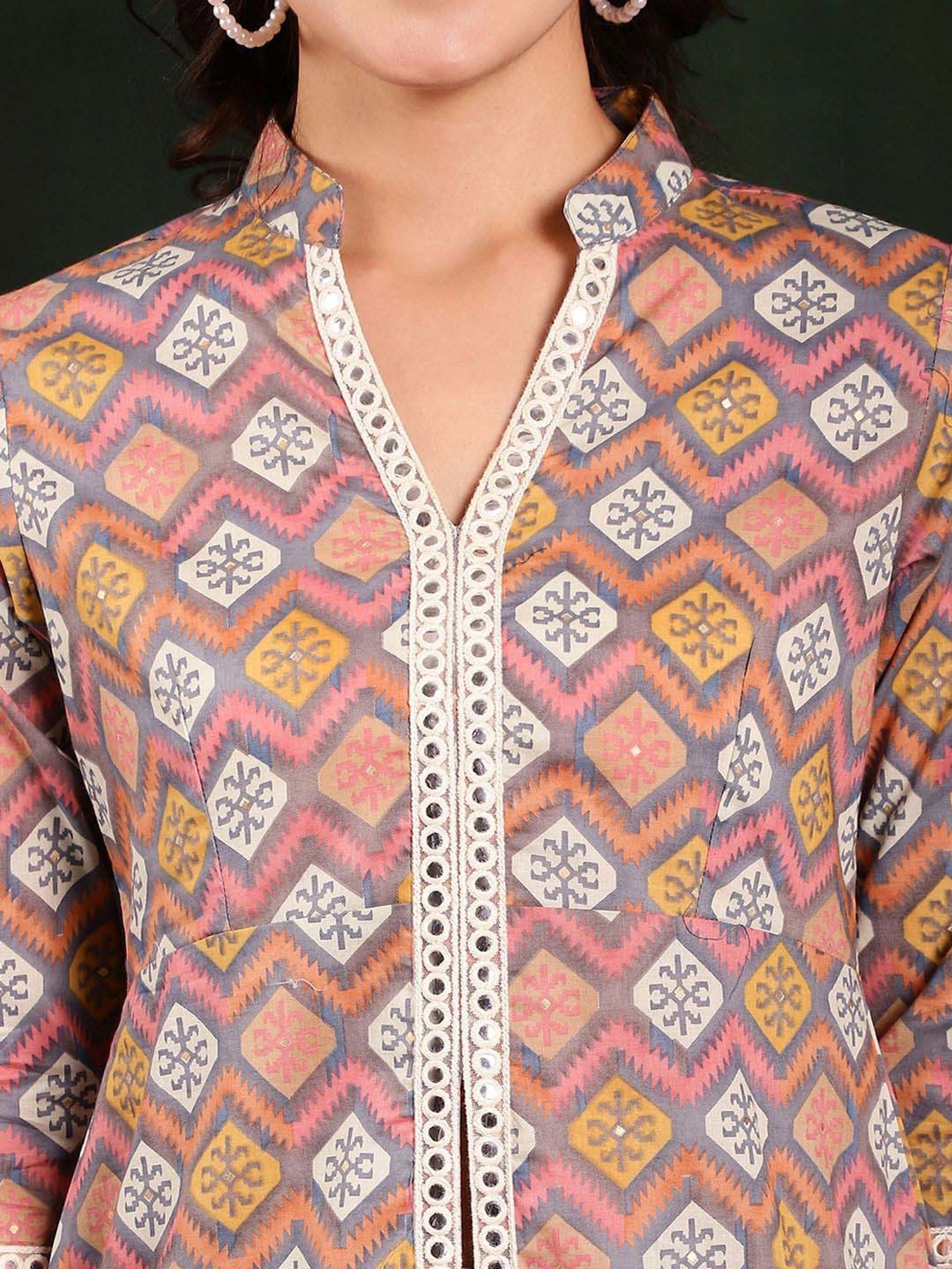 Claura Grey Cotton Printed Top Pant Set