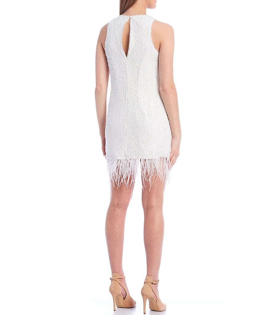 Aidan Aidan Mattox Sequined Feather Trim Jewel Neck Sleeveless Shift Dress