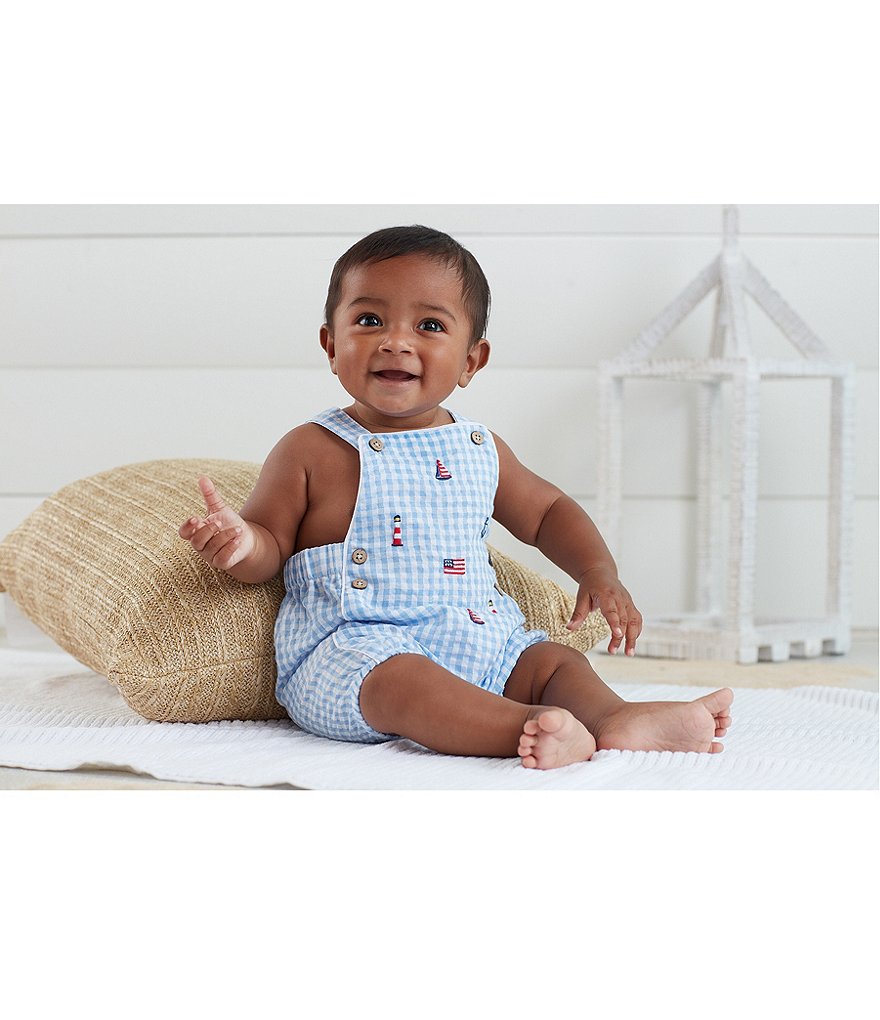 Mud Pie Baby Boys Newborn-9 Months Nautical Seersucker Gingham Schiffli Shortall