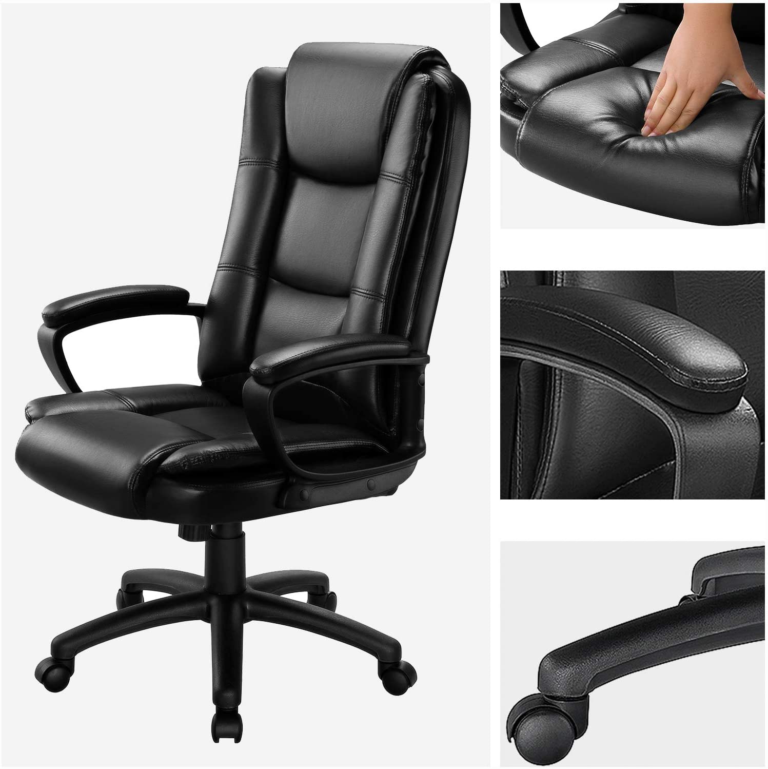 BOSSIN Home Office Chair, Ergonomic Desk Chair, Adjustable Task Chair for Lumbar Back Support, Computer Chair with Rolling Swivel and Armrest, Modern Executive High Back Leather Chairs. (Black)