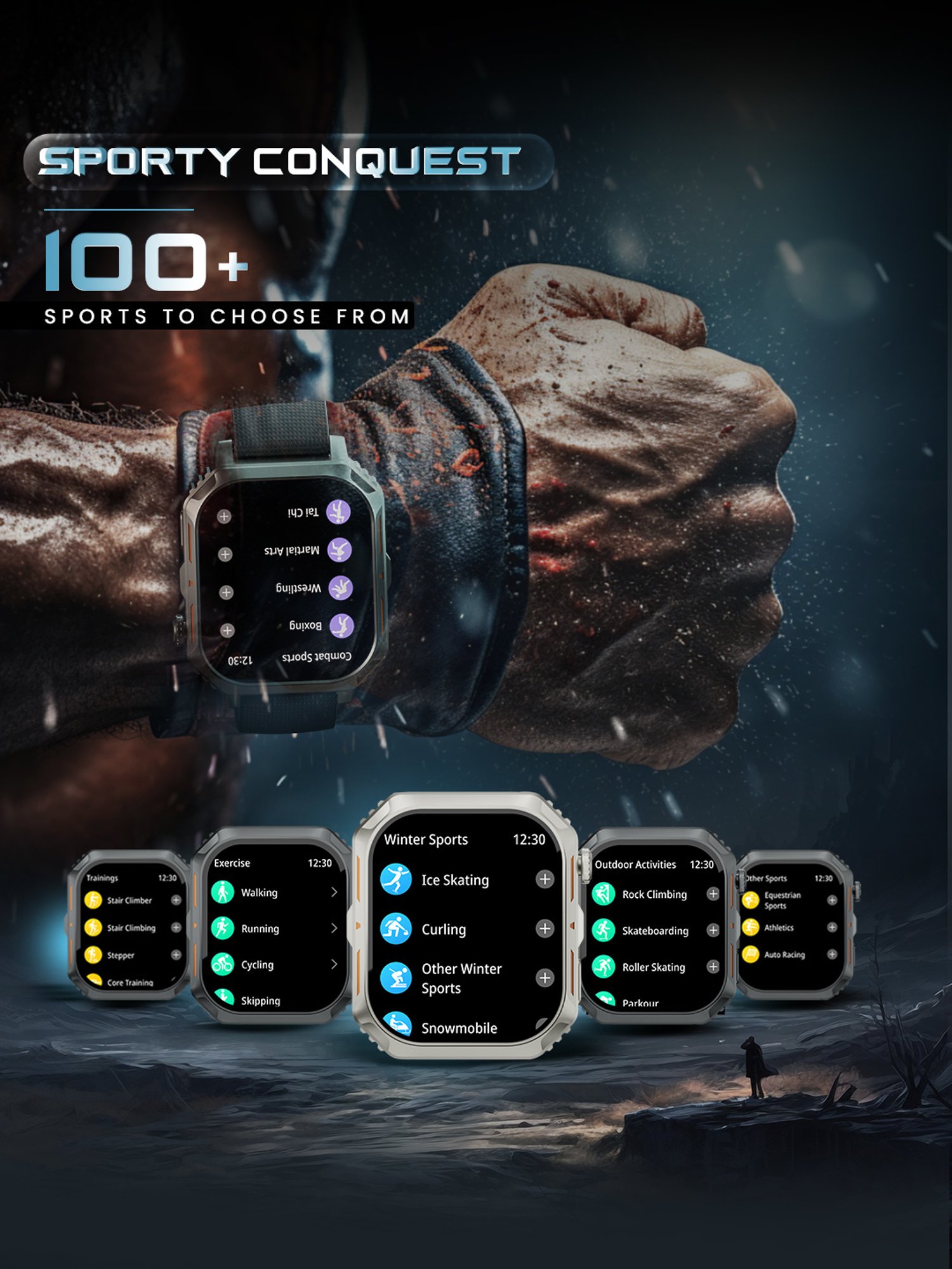 Hammer Conquer 2.02 inch AMOLED Smartwatch, Rugged Bluetooth Calling (Black & Grey)