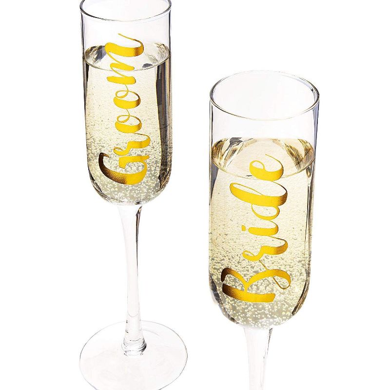 Juvale 2 Pack Gold Glass Groom & Bride Champagne Wedding Flutes Glasses, 8 Ounces