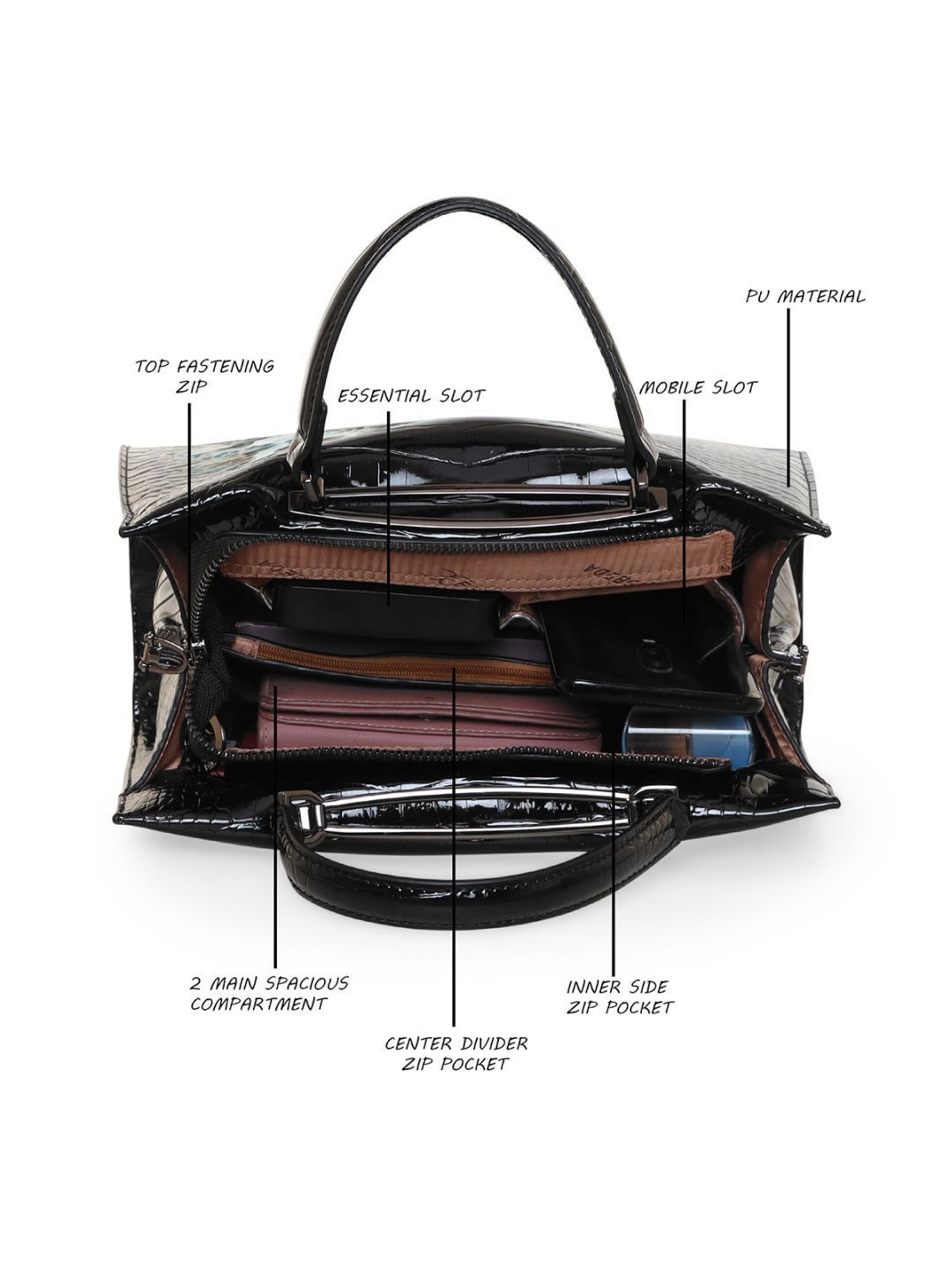 Esbeda Glossy Flower Black PU Textured Handbag