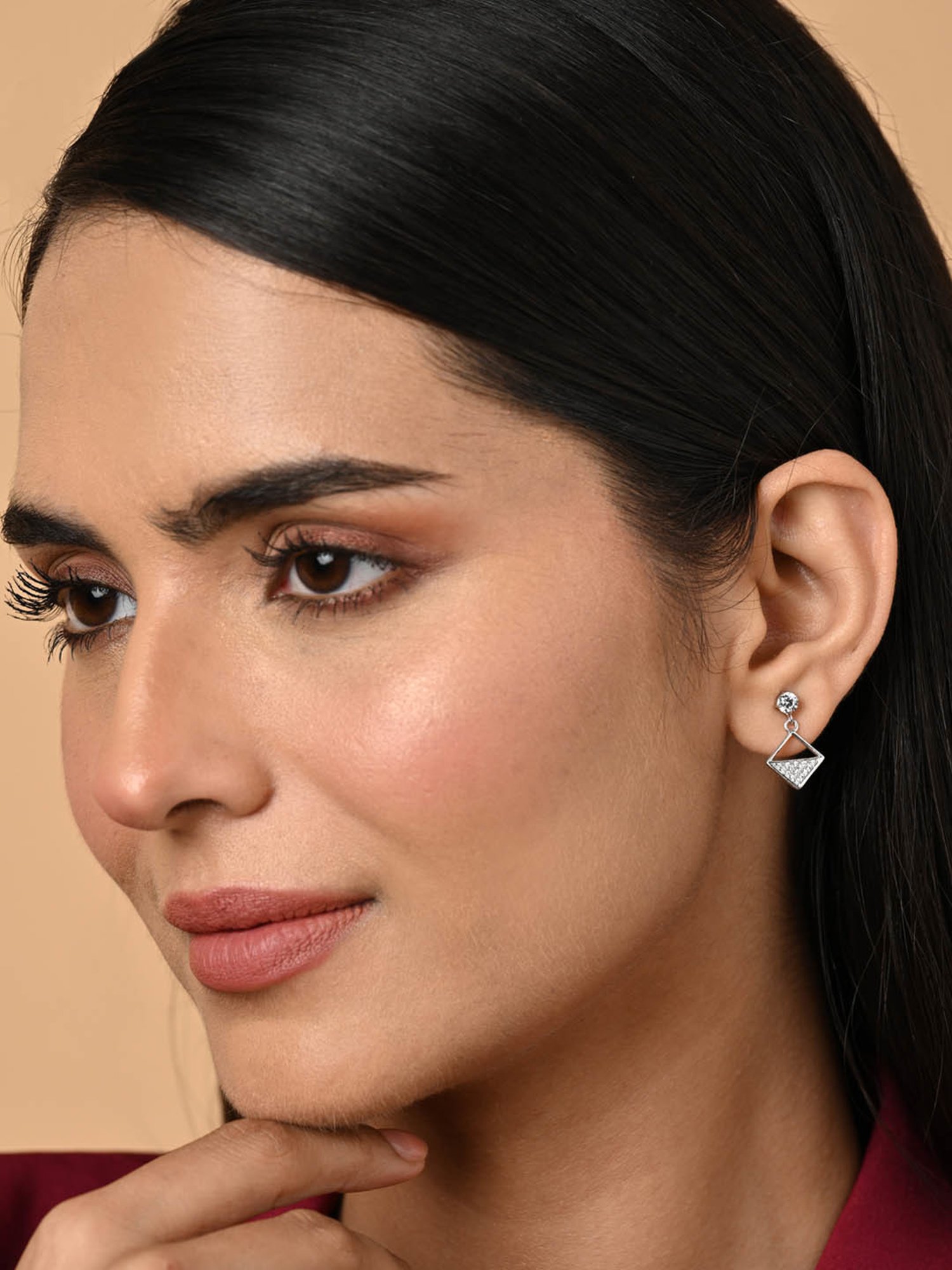 Clara 925 Silver Platinum Plated Swiss Zirconia Zeta Square Earrings Elegant Gift for Women