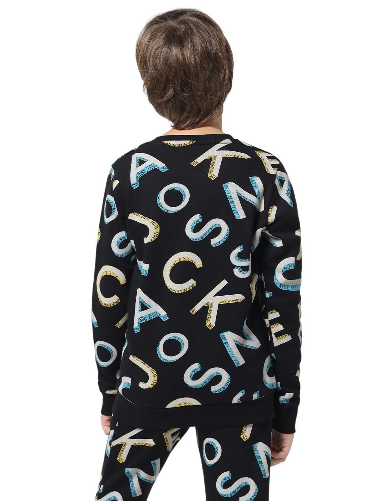 Jack & Jones Junior Jet Black Printed Full Sleeves Sweatshirt