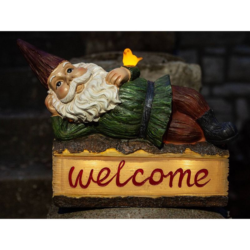 14" Solar Gnome On Welcome Log Resin Statue Green - Exhart