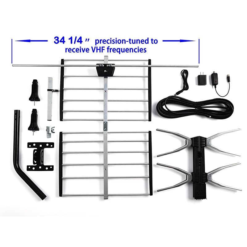 Outdoor Digital HD TV Antenna with High Gain Amplifier 150 Mile Long Range for UHF/VHF, Mounting Pole, 40FT RG6 Coaxial Cable, Easy Installation