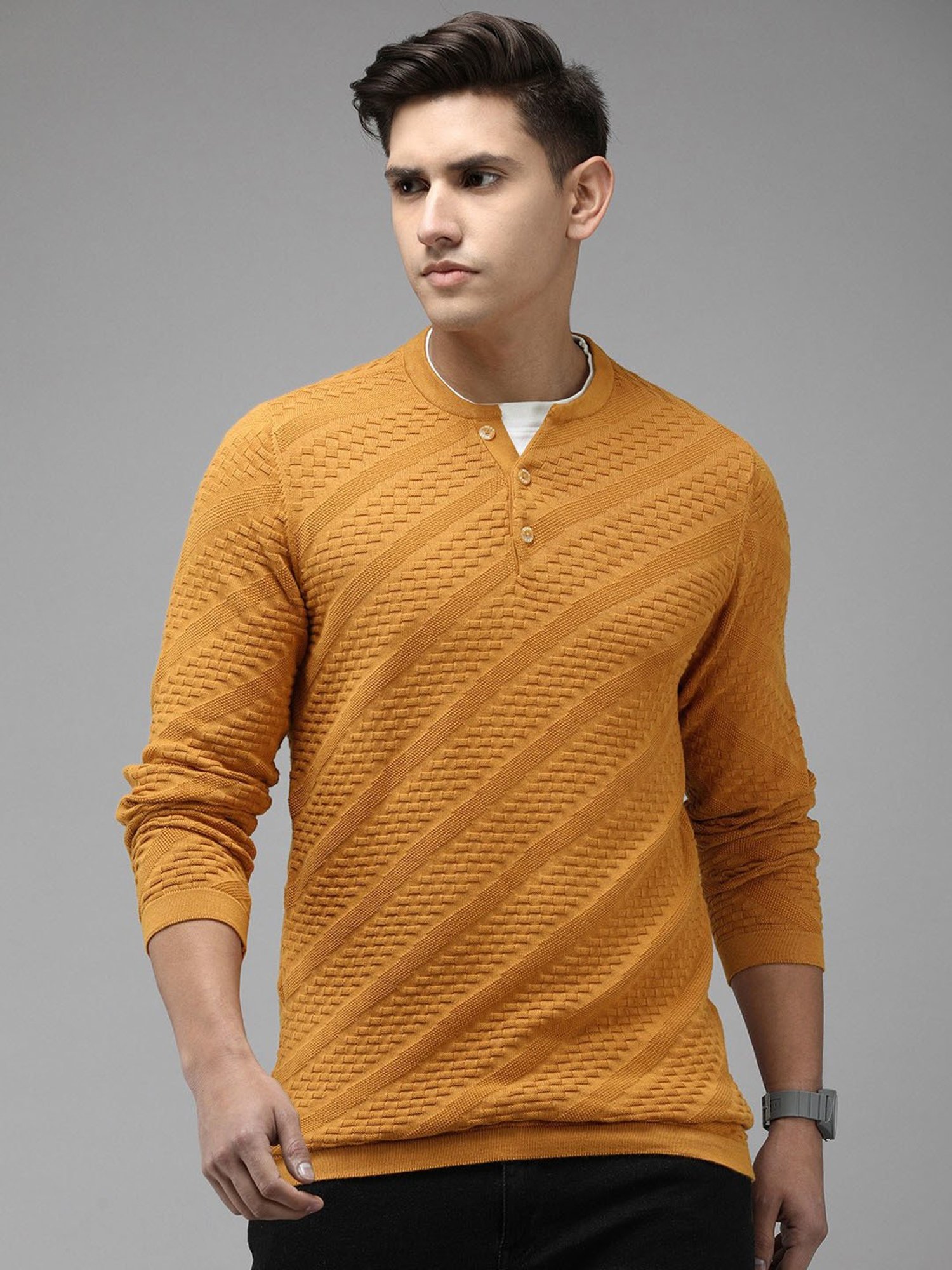 The Bear House Mustard Slim Fit Self Design Sweater