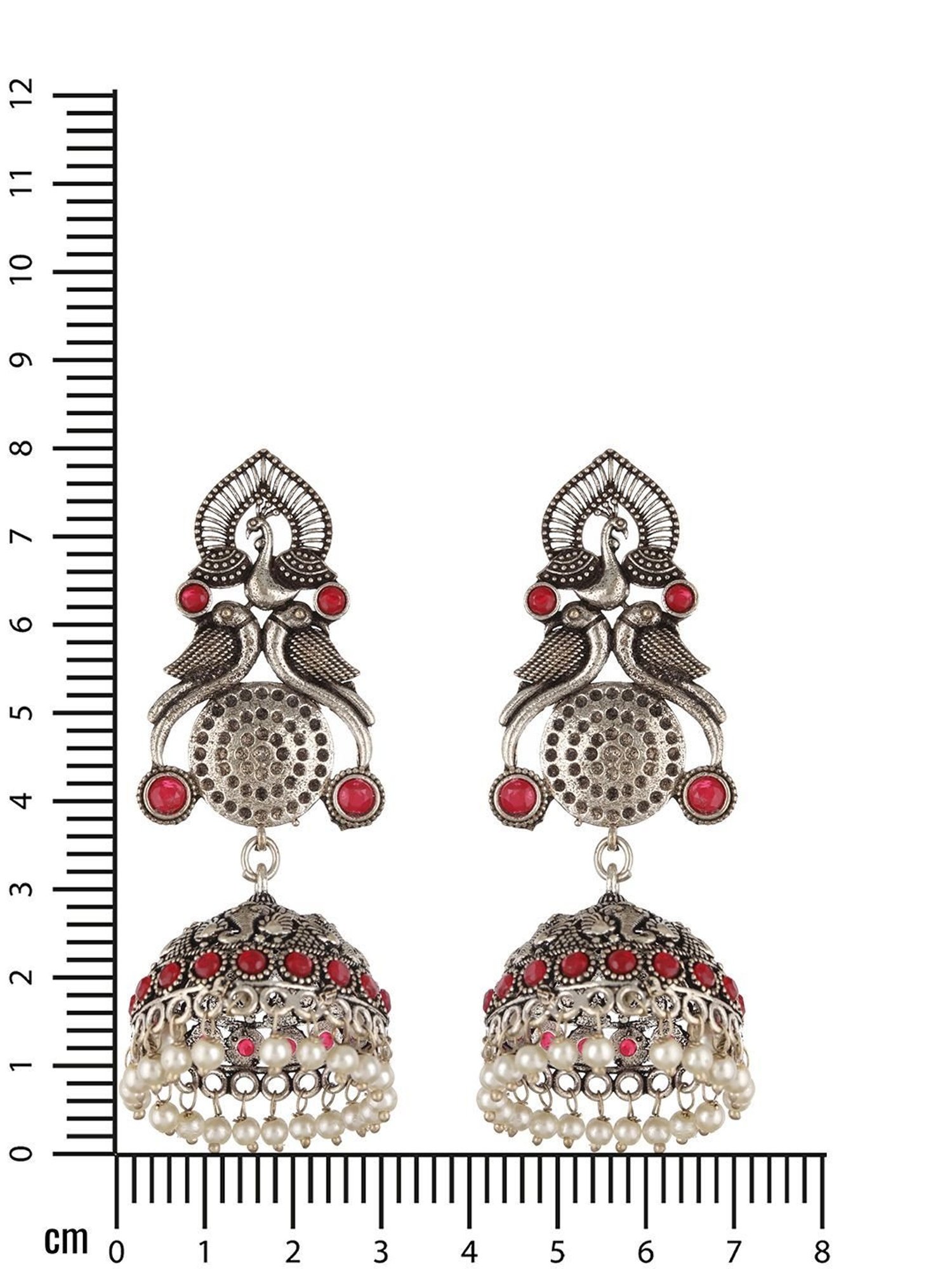 Aatmana Red Stone-Studded & Pearl Beaded Peacock Shaped Temple Jhumki Earrings
