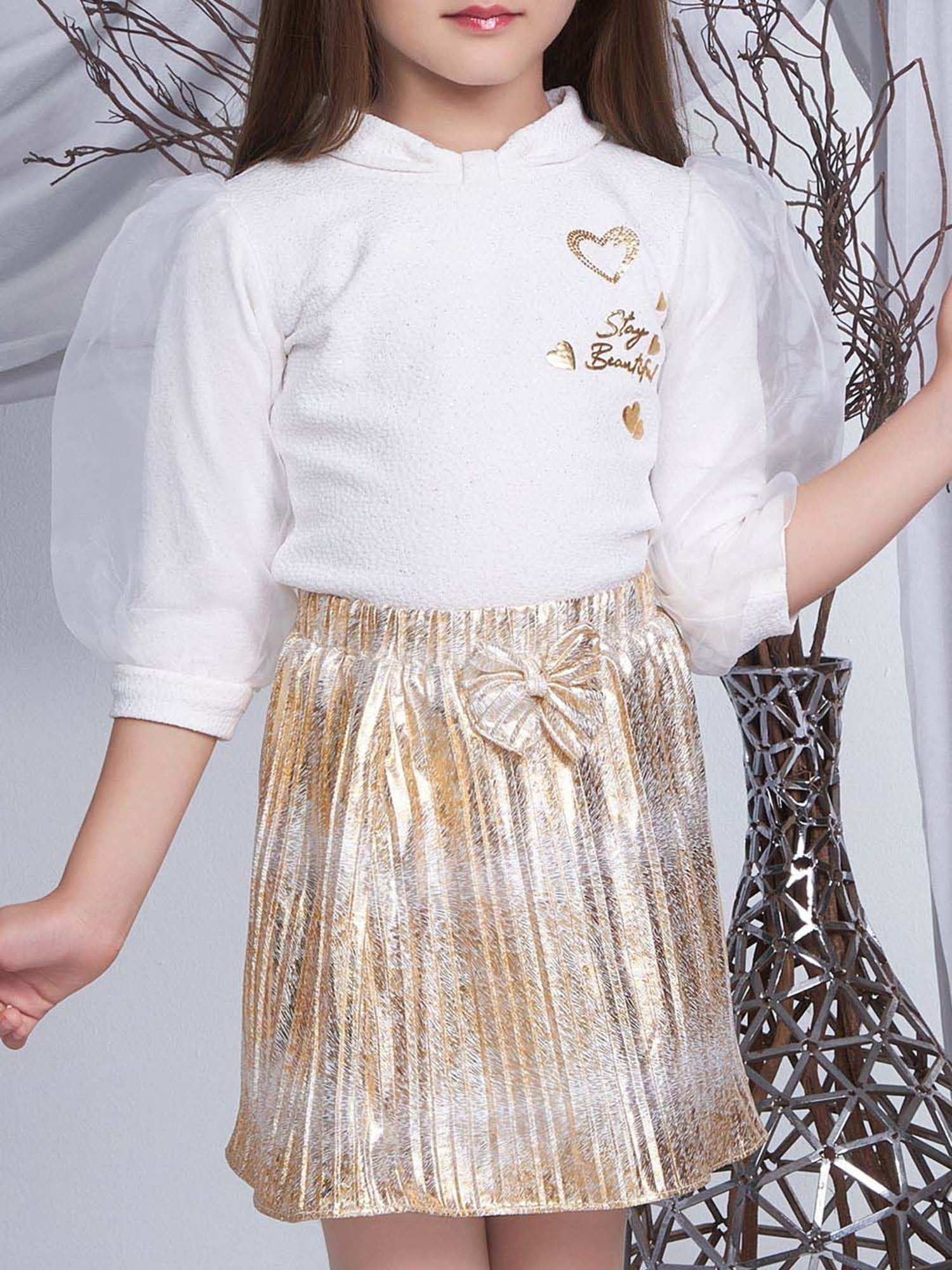 Peppermint Girls Gold & White Embellished Skirt Set
