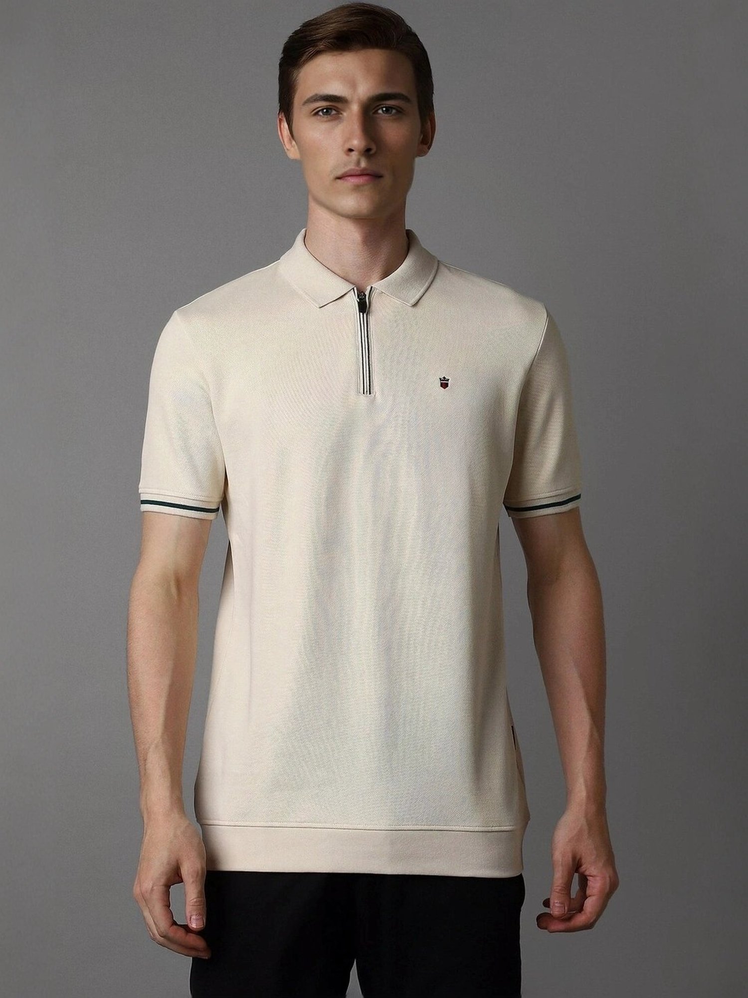 Louis Philippe Beige Cotton Slim Fit Polo T-Shirt