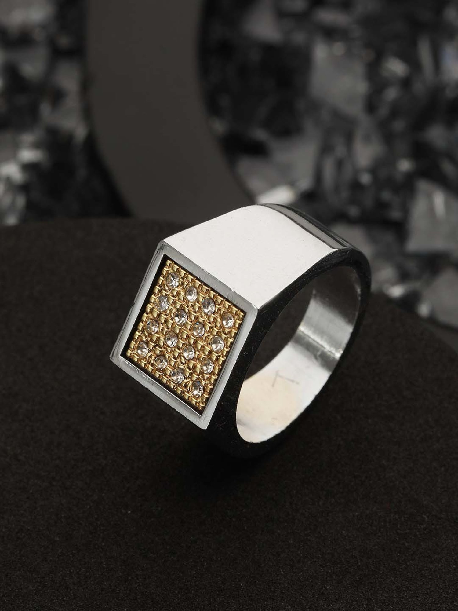 Bold by Priyaasi Square AD Gold-Toned Silver-Plated Ring for Men
