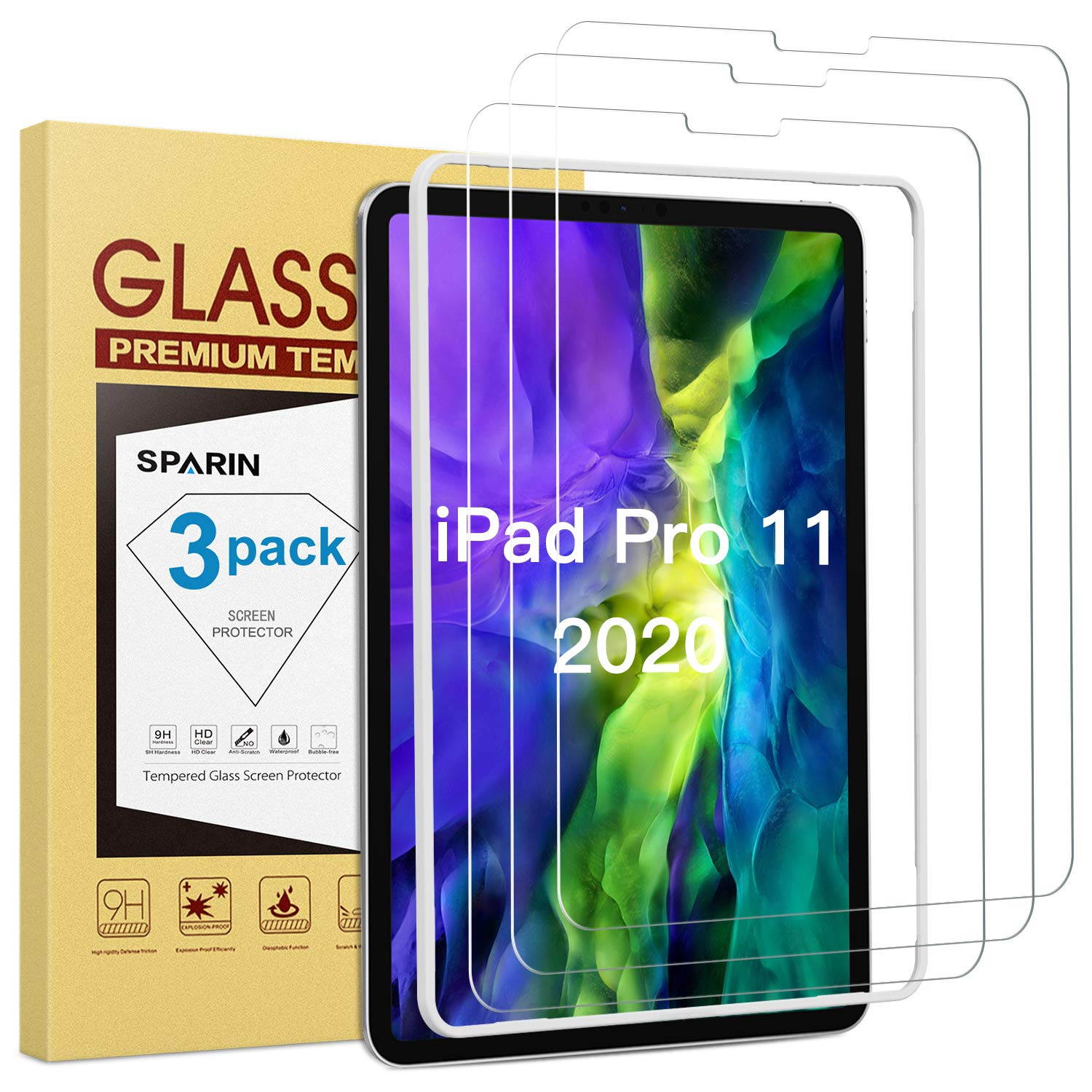 SPARIN [3 Pack] Screen Protector for iPad Pro 11 (2020 & 2018), Tempered Glass Screen Protector for iPad Pro 11 (2nd/1st Gen), [Alignment Frame] Face ID and Apple Pencil Compatible