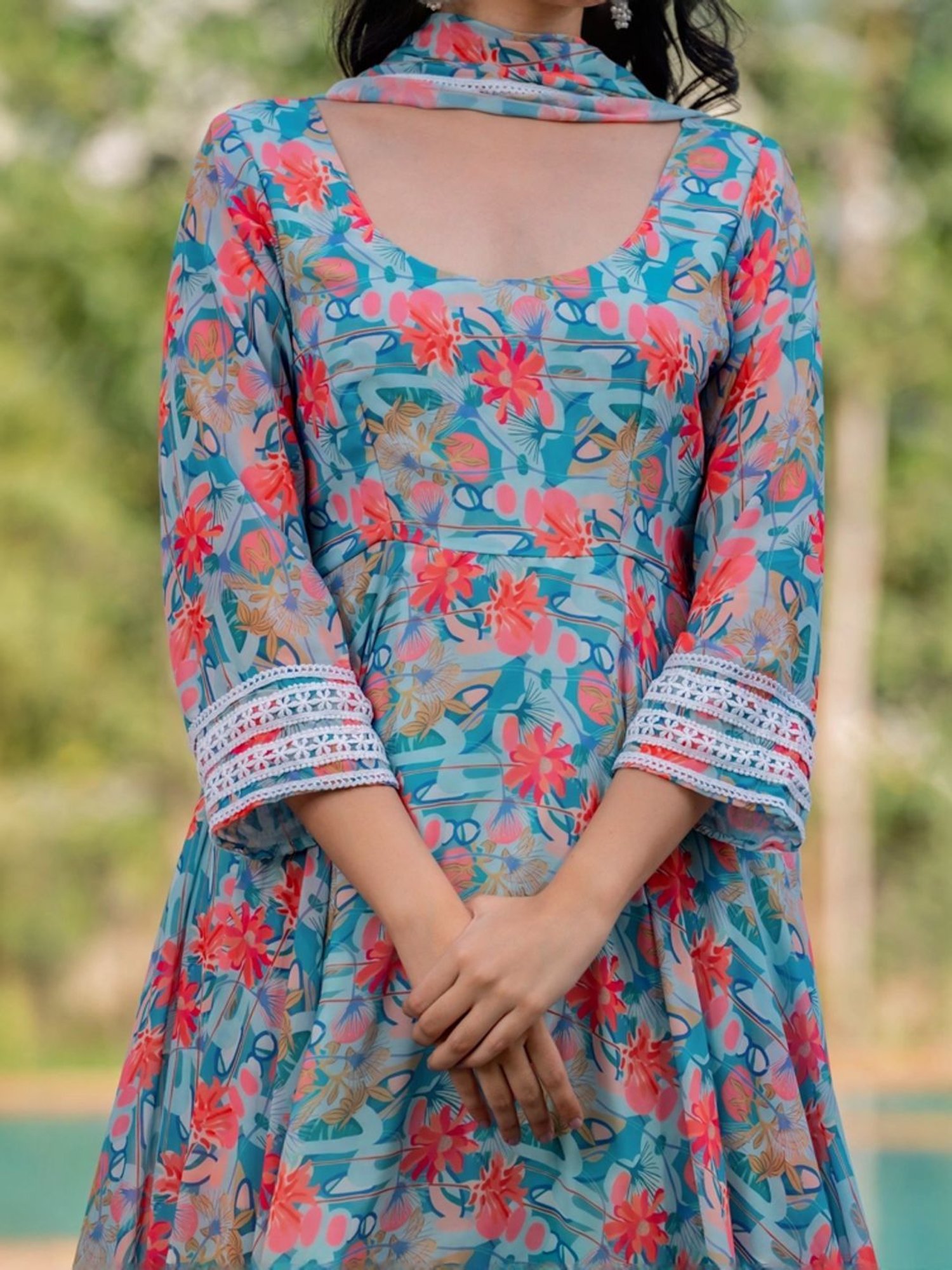 HOUSE OF JAMOTI Blue Printed Anarkali Kurta With Dupatta