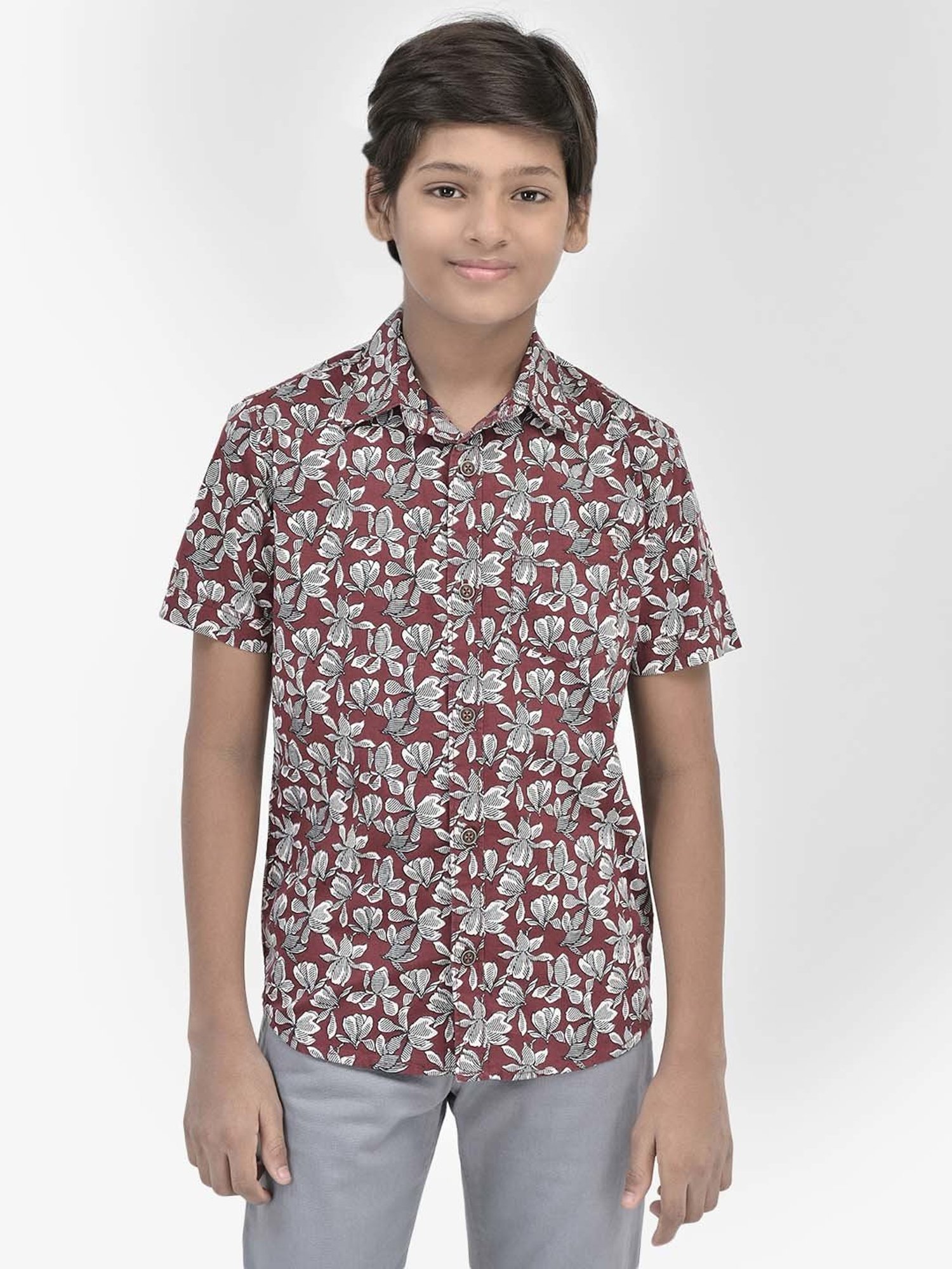 Crimsoune Club Kids Maroon Cotton Floral Print Shirt