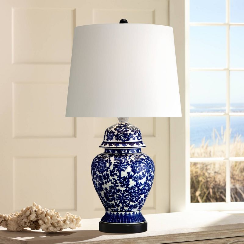 Regency Hill Asian Table Lamp Temple Porcelain Jar Blue Floral White Drum Shade for Living Room Family Bedroom Bedside Nightstand