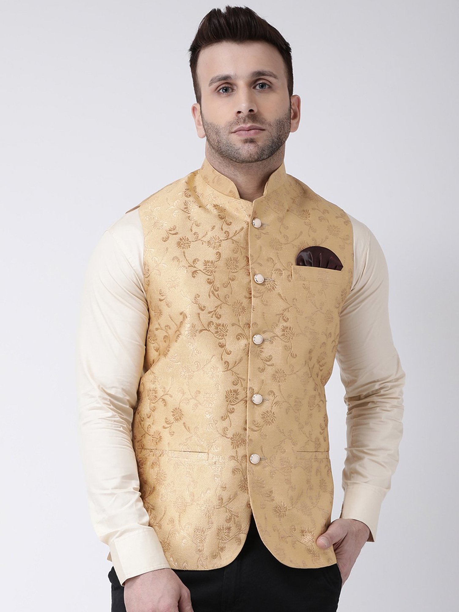 Hangup Plus Fawn Regular Fit Jacquard Nehru Jacket