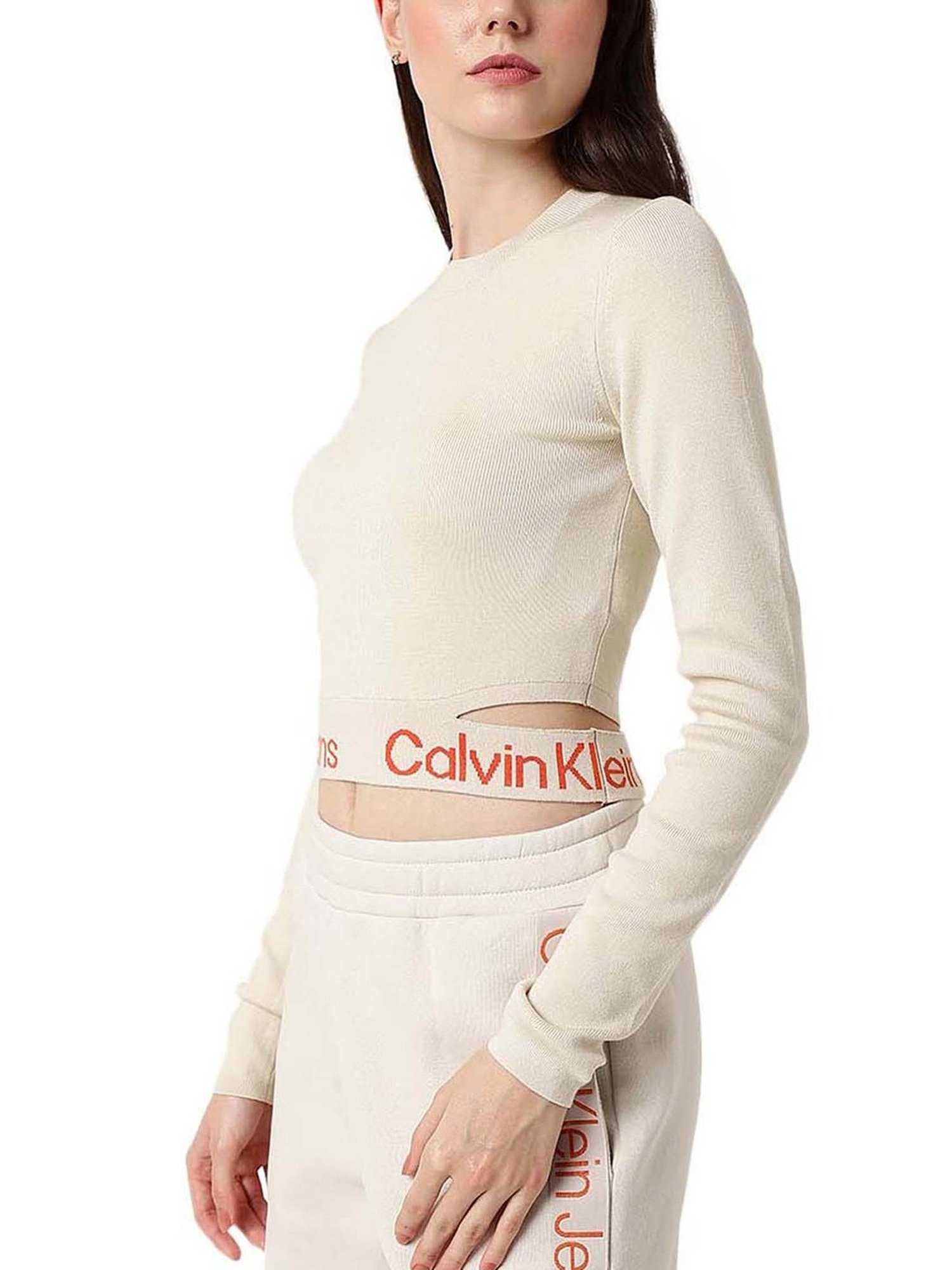 Calvin Klein Jeans Eggshell & Coral Orange Logo Comfort Fit Sweater