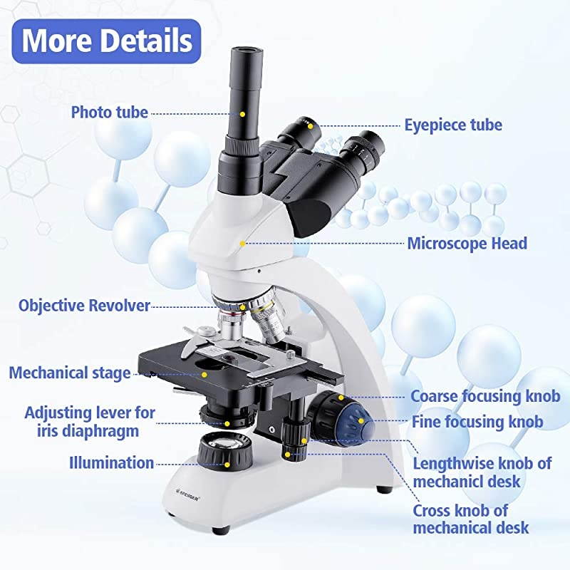 Microscope Compound 40X-1600X, LED Illumination, Double-Layer Mechanical Stage, Abbe Condenser