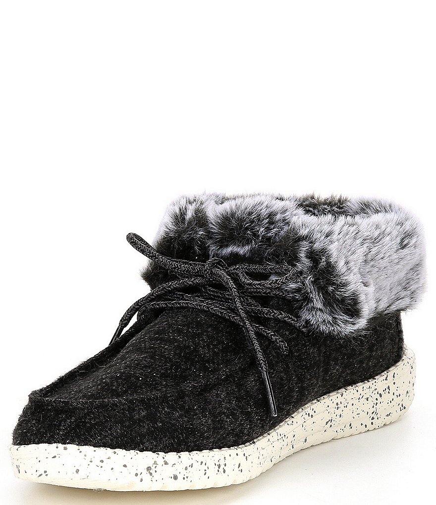 Hey Dude Women's Britt Canvas Faux-Fur Trim Lace-Up Booties