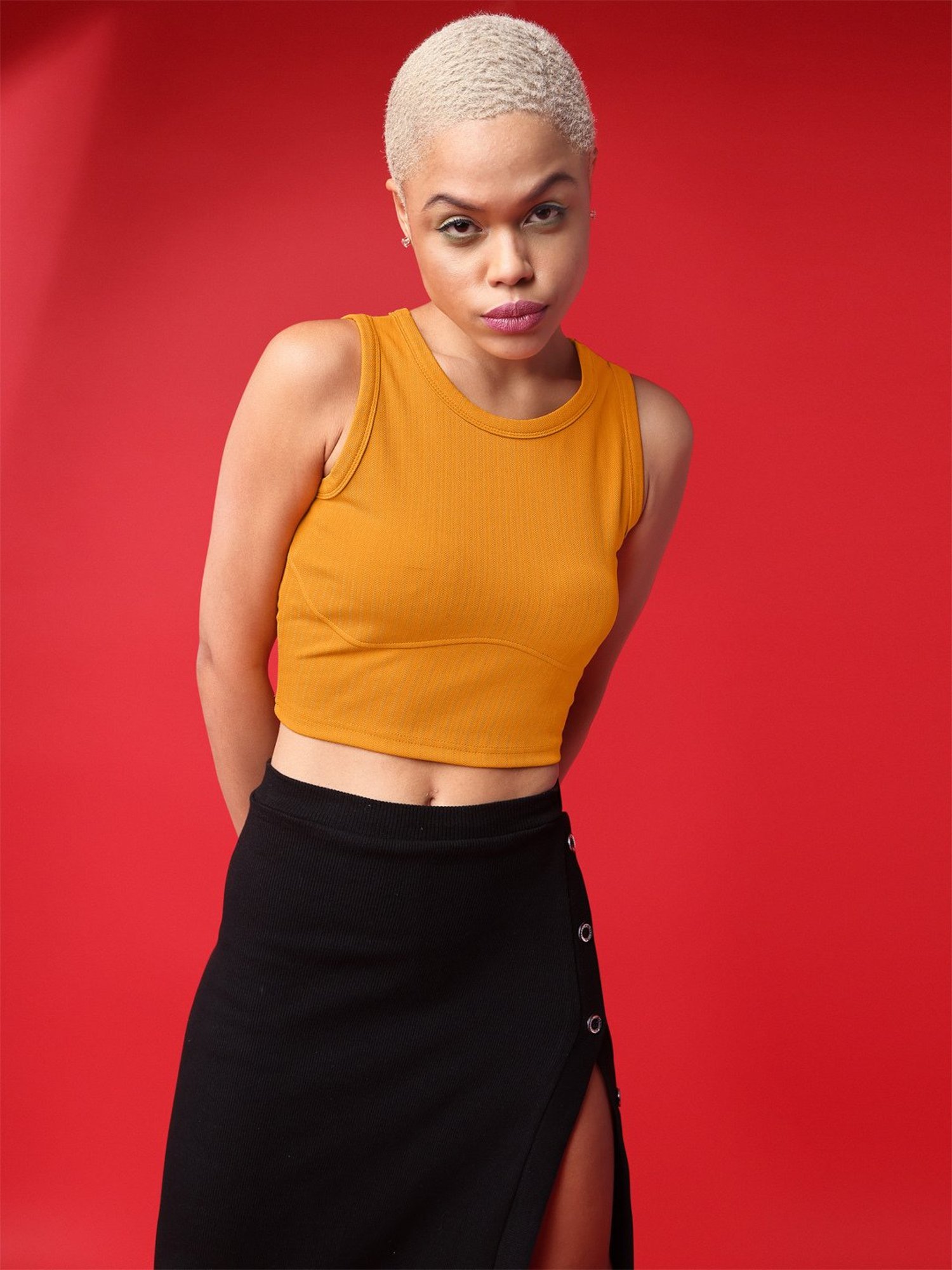 PURVAJA Yellow Regular Fit Crop Top