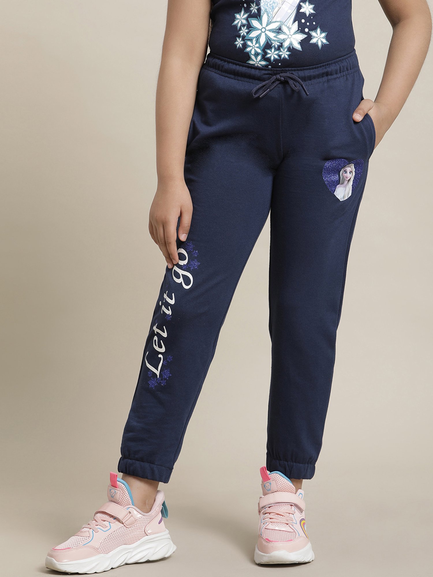 Girlsville Frozen Navy Printed Joggers For Girls
