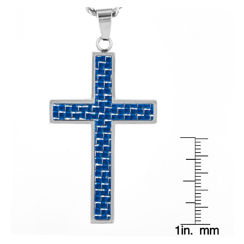 Men's Crucible Carbon Fiber and Polished Stainless Steel Cross Necklace on Curb Chain - Blue (24")