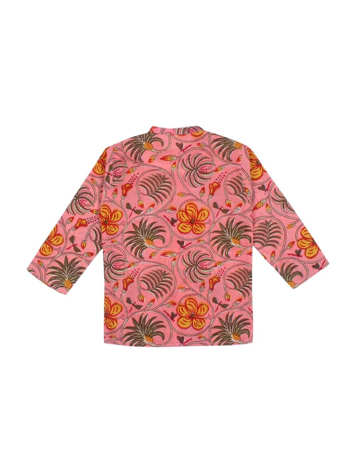 Ahhaaaa Kids Pink & White Cotton Floral Print Kurta Set