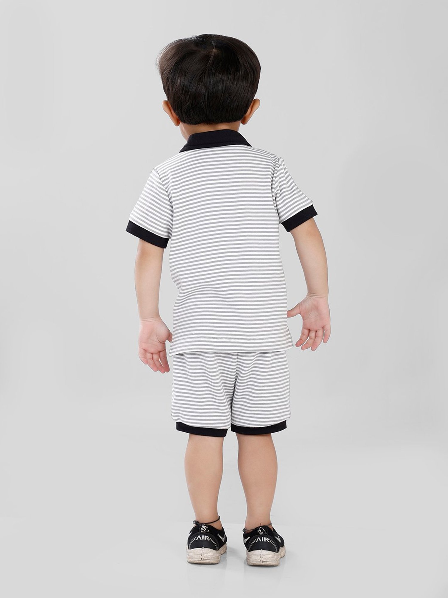 Nino Bambino Kids Grey & White Striped Polo T-Shirt with Shorts