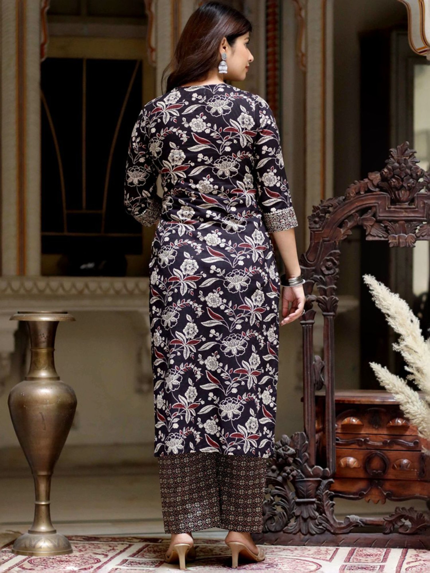 Miravan Black Cotton Embroidered Kurta Palazzo Set With Dupatta