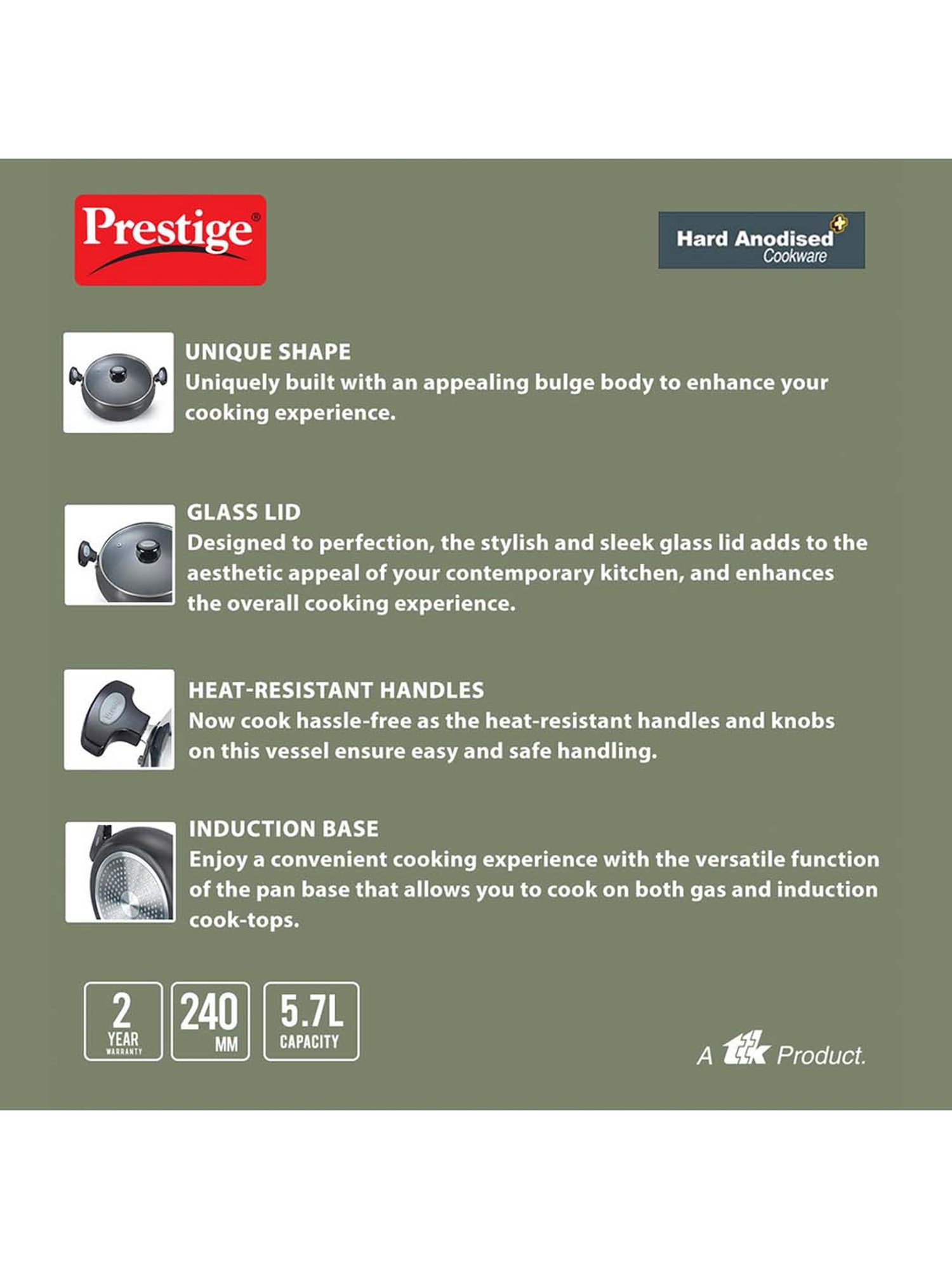 Prestige Black Hard Anodized Aluminium 240 mm Sauce Pan with Lid (5700 ml) - Set of 1