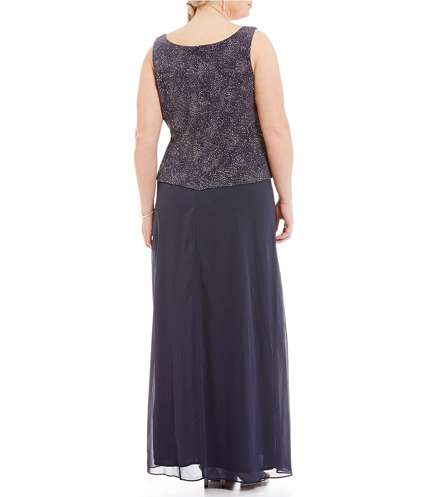 Jkara Plus V-Neck Short Sleeve Beaded Bodice Capelet Gown