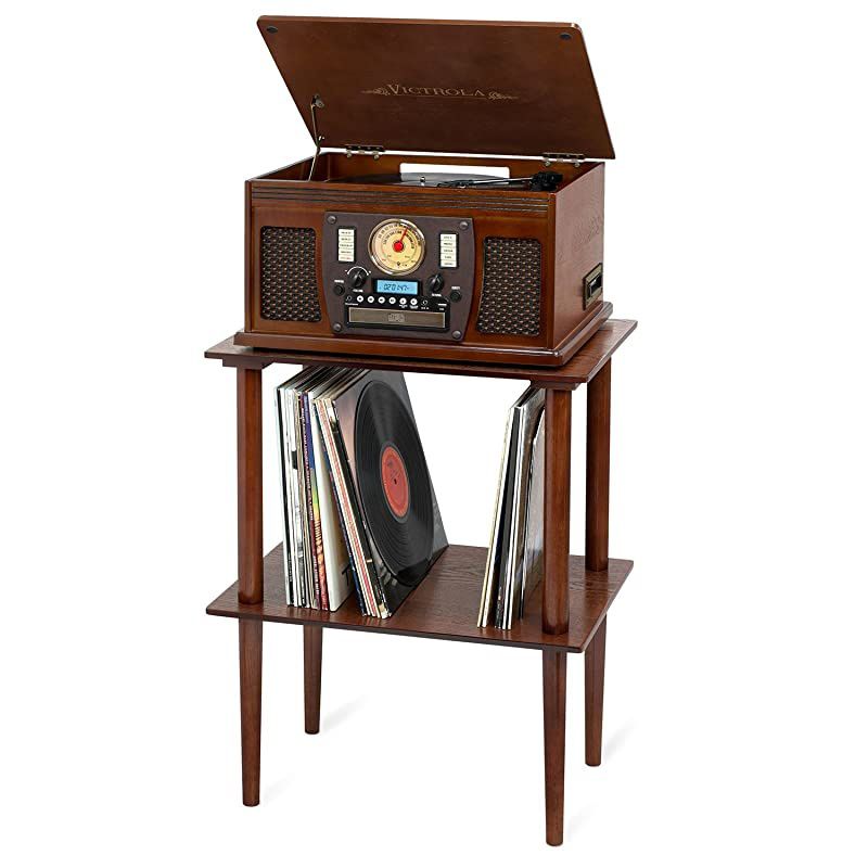 VTA-600B-ESP Navigator 8-In-1 Classic Bluetooth Record Player with USB Encoding and 3-Speed Turntable, Brown & Wooden Stand for Wooden Music Centers with Record Holder Shelf, Espresso
