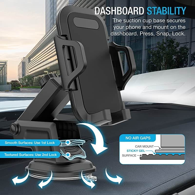 DuraHold Series Car Phone Mount for iPhone 12 11 Pro Max Xs XR X 8 7 Plus SE,Galaxy S20 Ultra S10 S10+ S10e,Note 10,LG,Huawei,Pixel[Washable Sticky Gel Pad/Extendable Holder Arm (Upgrade)]
