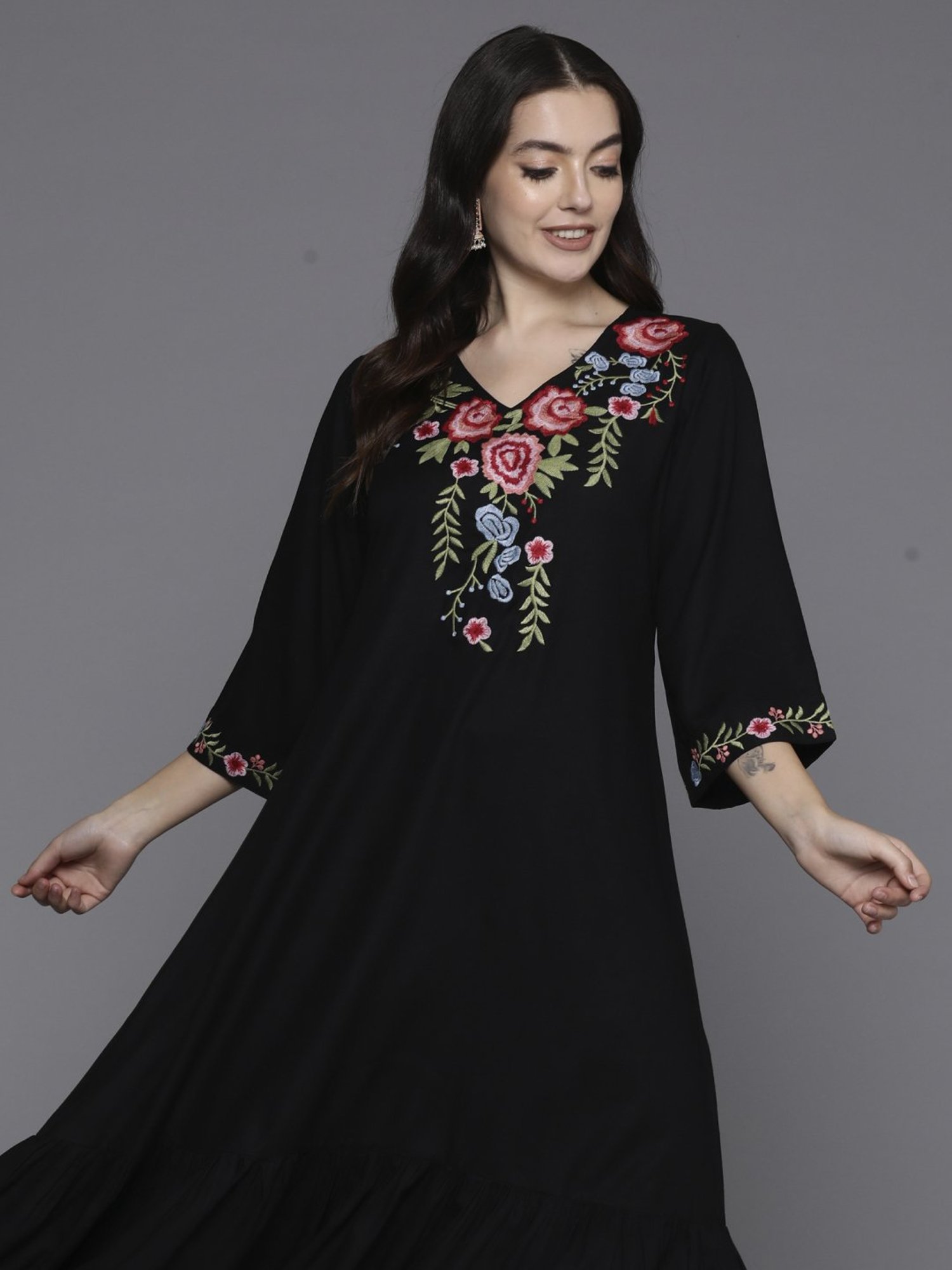 Indo Era Black Embroidered A-Line Dress