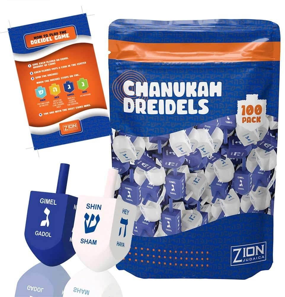 Zion Judaica Blue & White Natural Wood Dreidels with English Translation & Transliteration - 100 Pack