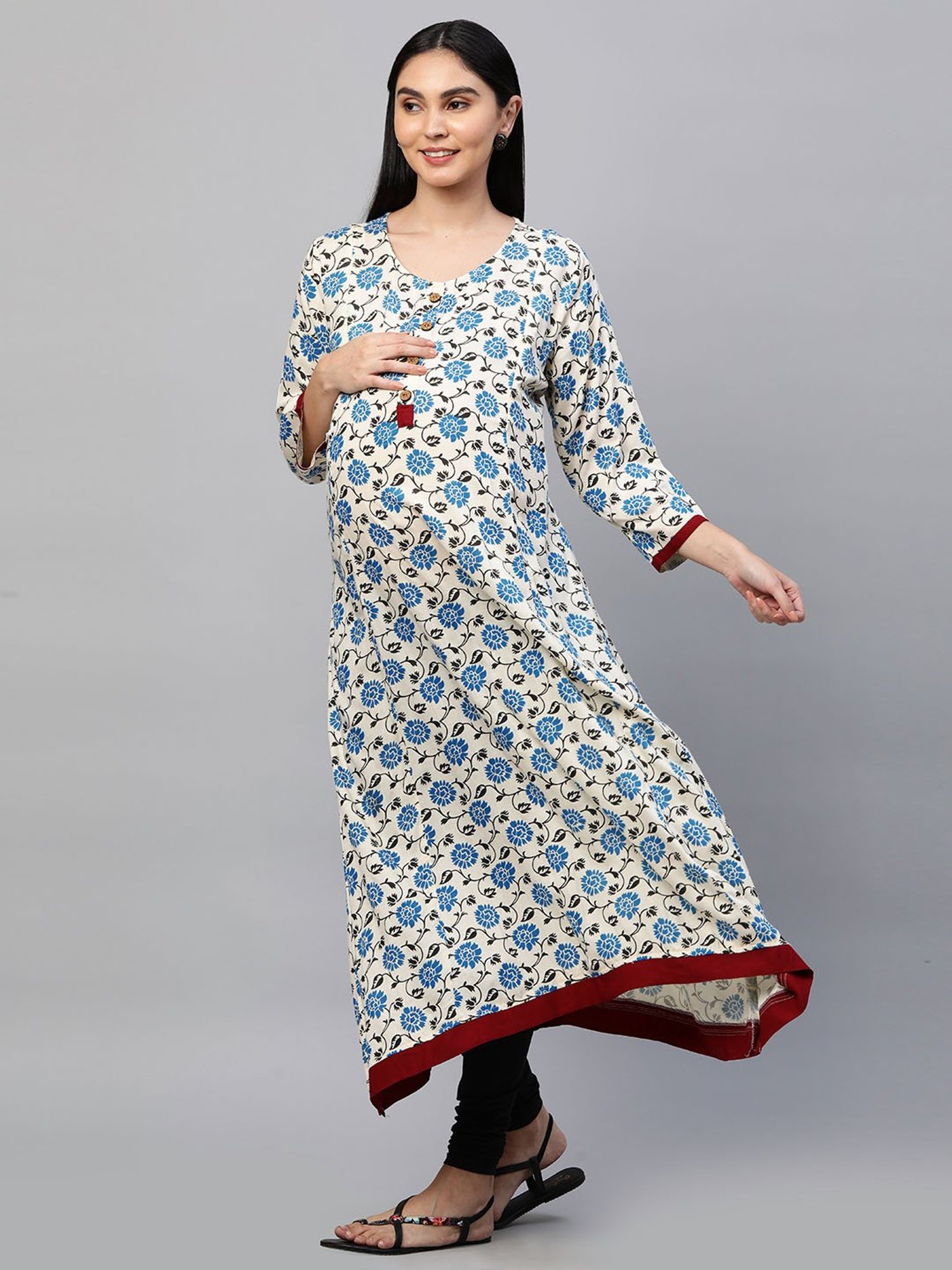 MomToBe Beige & Blue Floral Print Maternity Kurta
