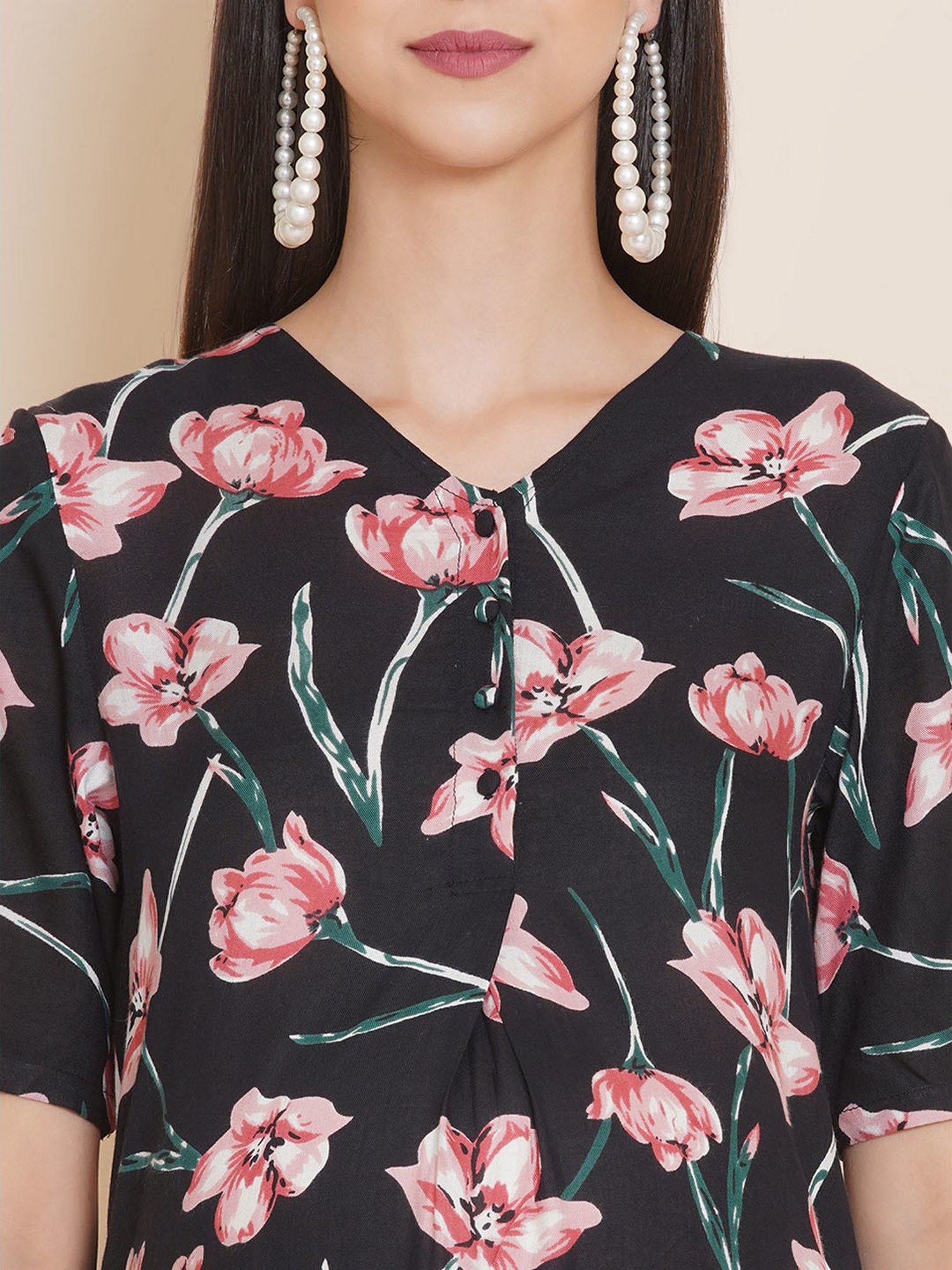 Mine4Nine Black Floral Print Maternity Kurta With Pyjamas