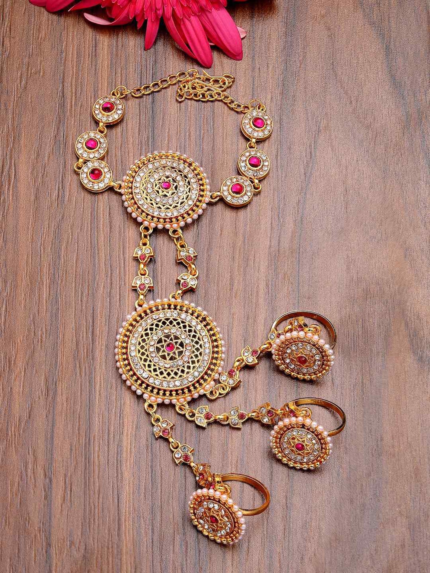 NVR Women's Gold-Plated CZ Stone-Studded Handcrafted Ring Bracelet