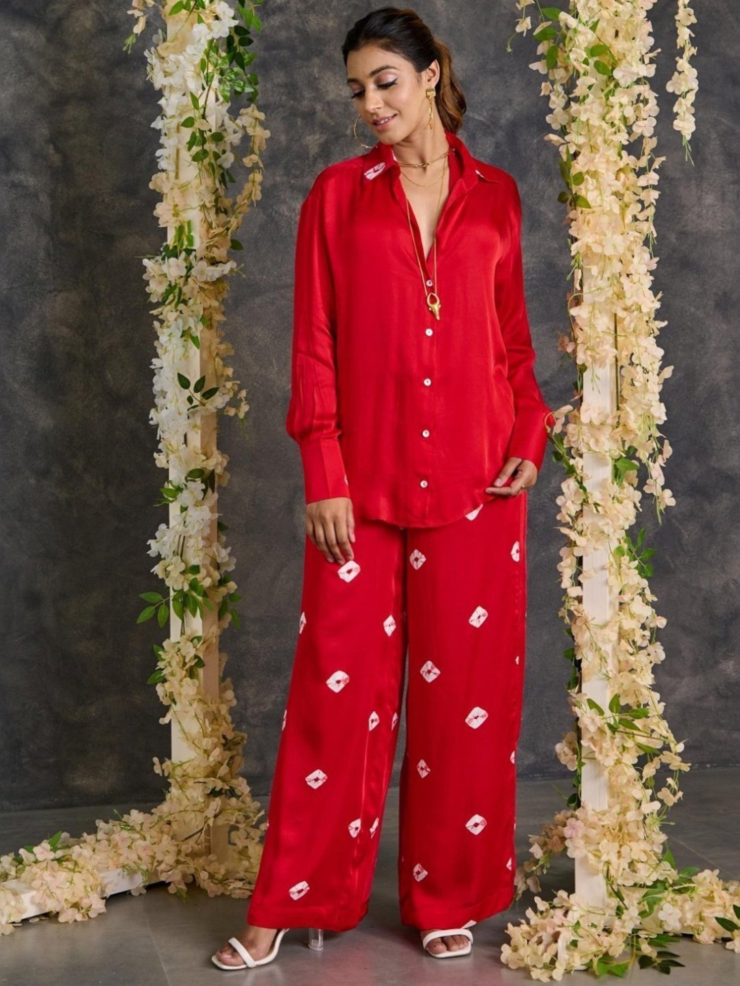 Gulaal Red Bandhani Modal Satin Shirt with Pant