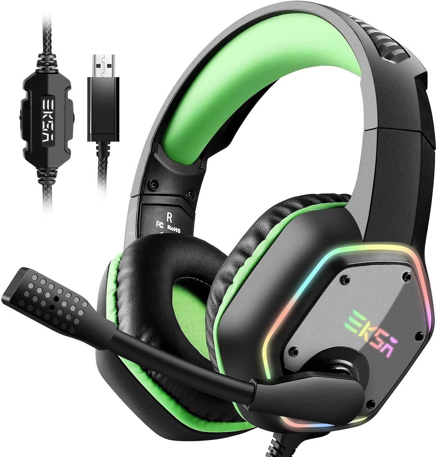 EKSA Gaming Headset with 7.1 Surround Sound Stereo, PS4 USB Headphones with Noise Canceling Mic & RGB Light, Compatible with PC, PS4, Laptop (Green)