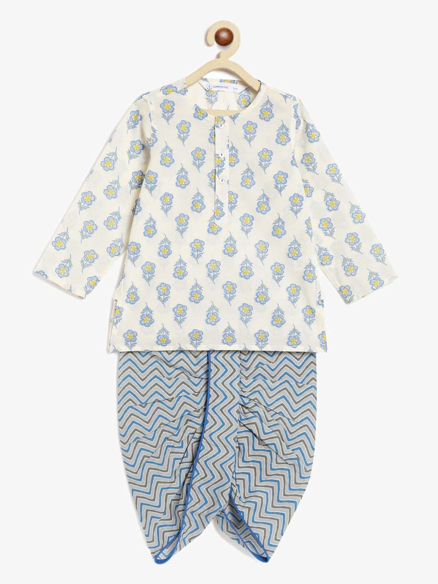 Campana Kids White & Blue Cotton Printed Full Sleeves Kurta & Dhoti